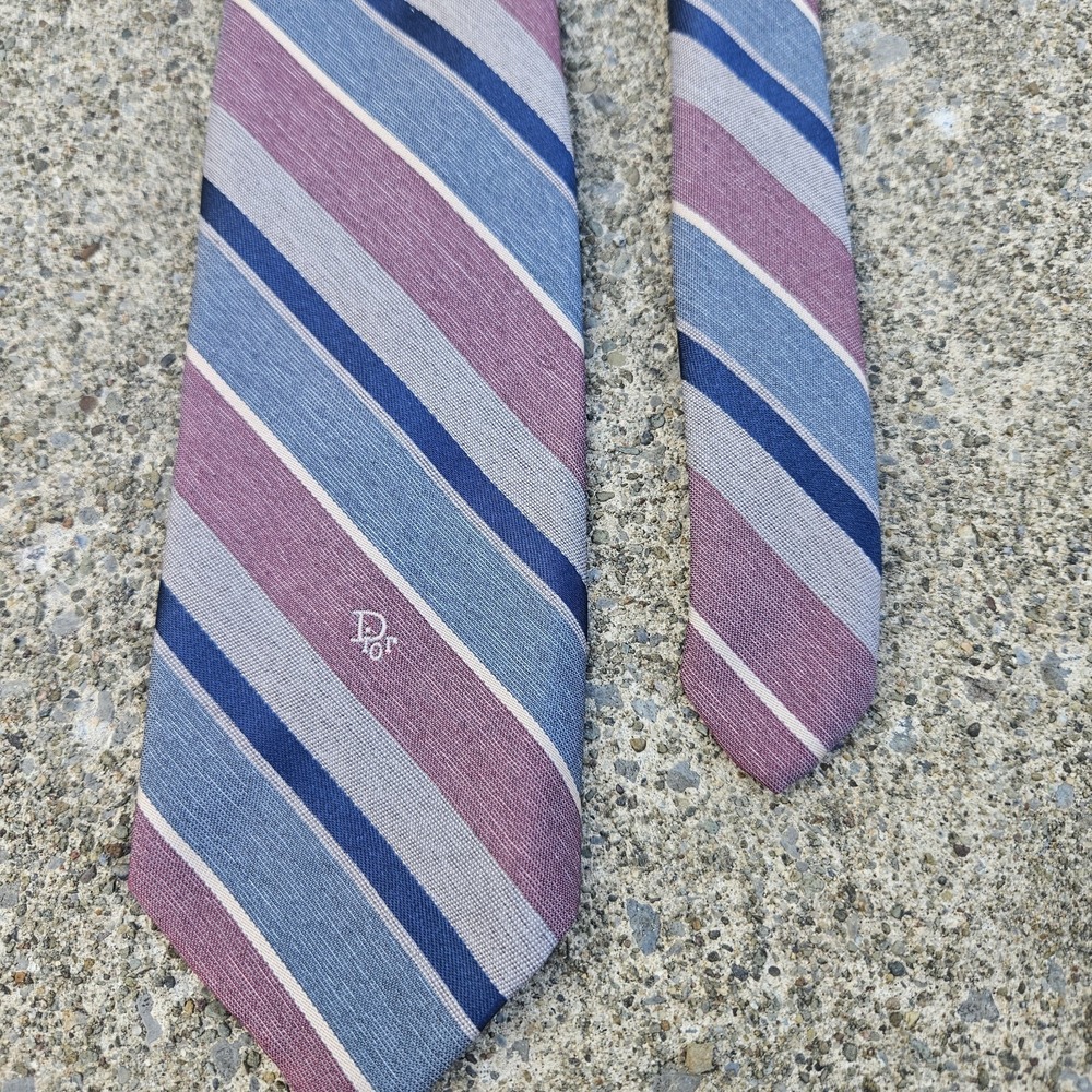 Christian Dior Monogram Logo Tie Silk Grey Blue Red Necktie Striped Classy 55"